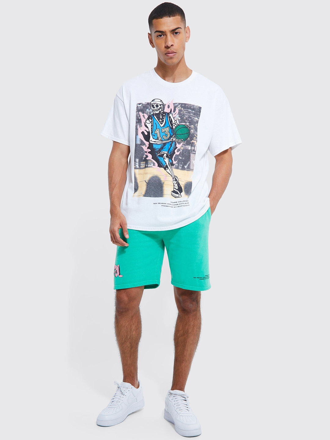 

boohooMAN Oversized Skeleton Graphic Printed Co-Ords, White