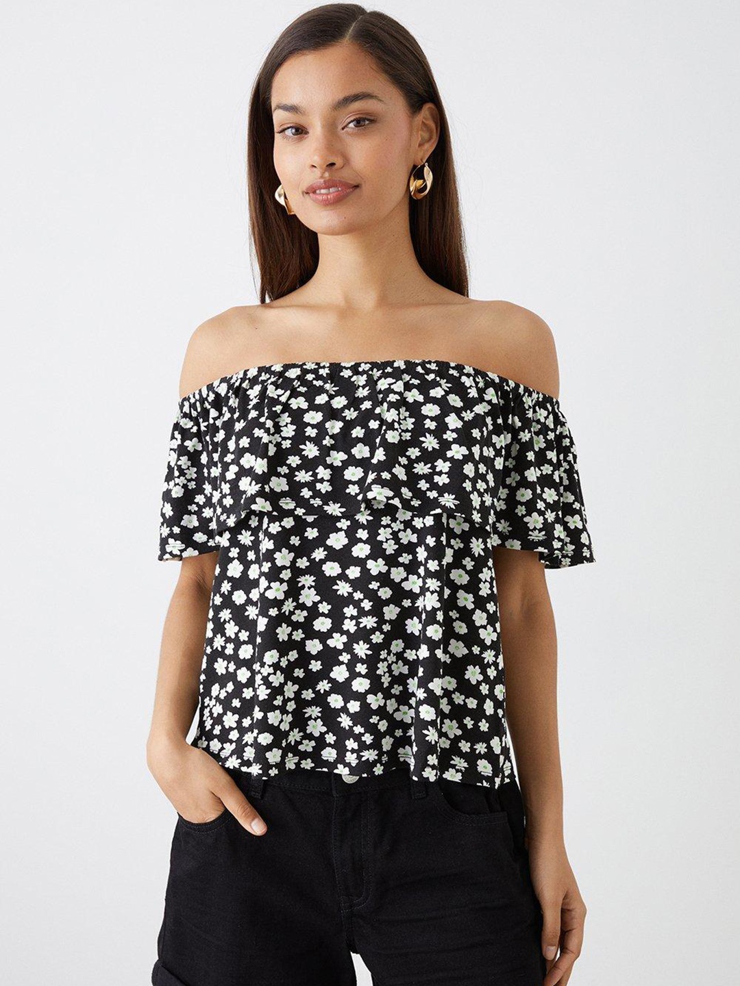 

DOROTHY PERKINS Petite Floral Print Off-Shoulder Ruffled Bardot Top, Black