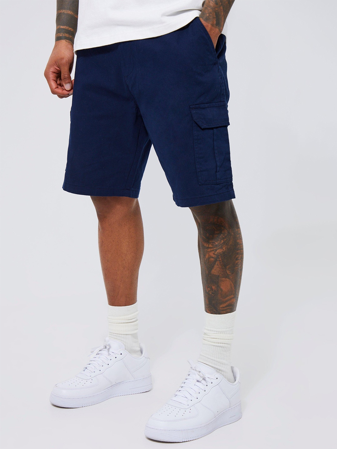 

boohooMAN Relax Fit Denim Cargo Shorts, Navy blue