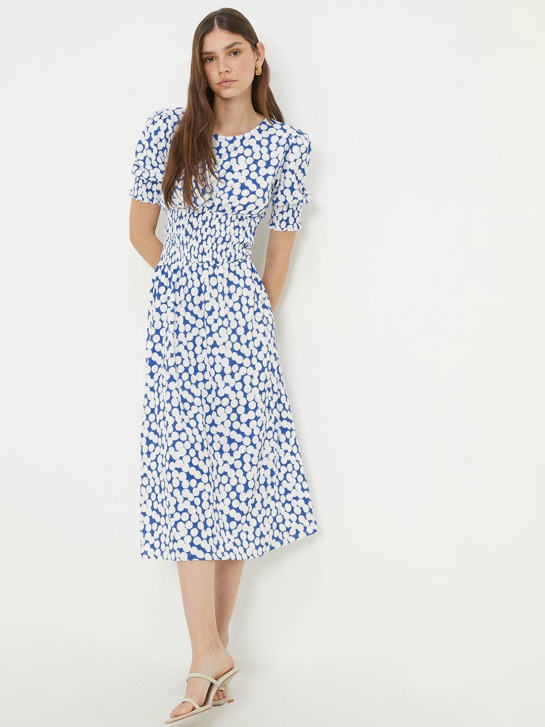 

DOROTHY PERKINS Polka Dots Print Puff Sleeves Fit & Flare Midi Dress, Blue