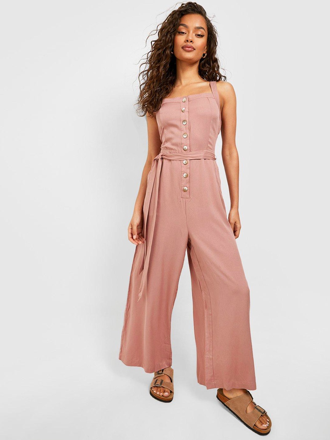 

Boohoo Belted Button Front Wide Leg Jumpsuit, Rose