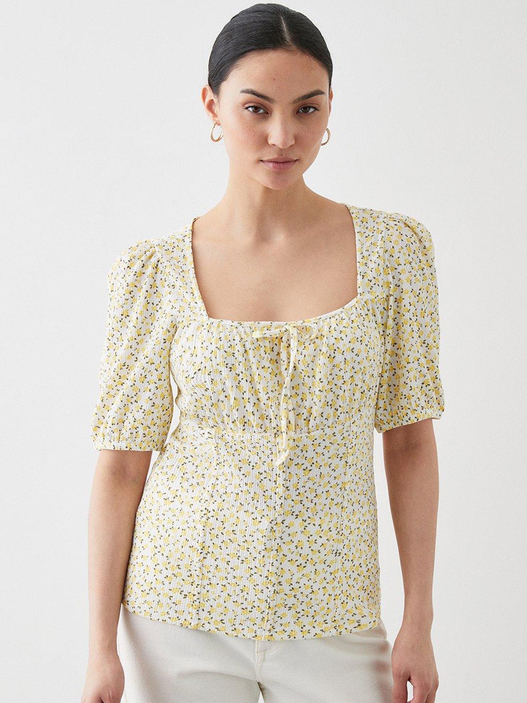 

DOROTHY PERKINS Petite Floral Print Puff Sleeve Empire Top, White