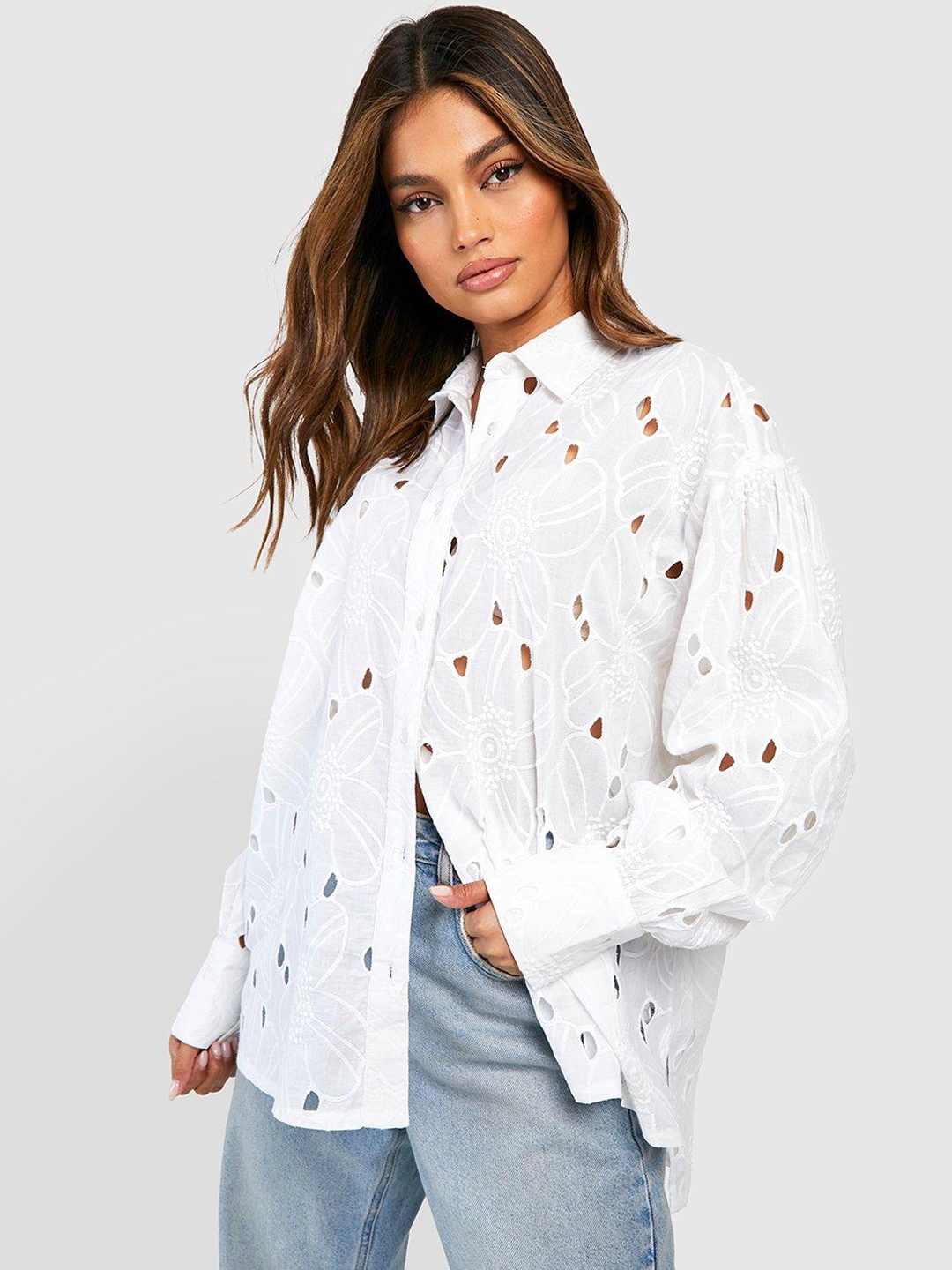 

Boohoo Oversized Cut-Out Detail Embroidered Cotton Shirt, White