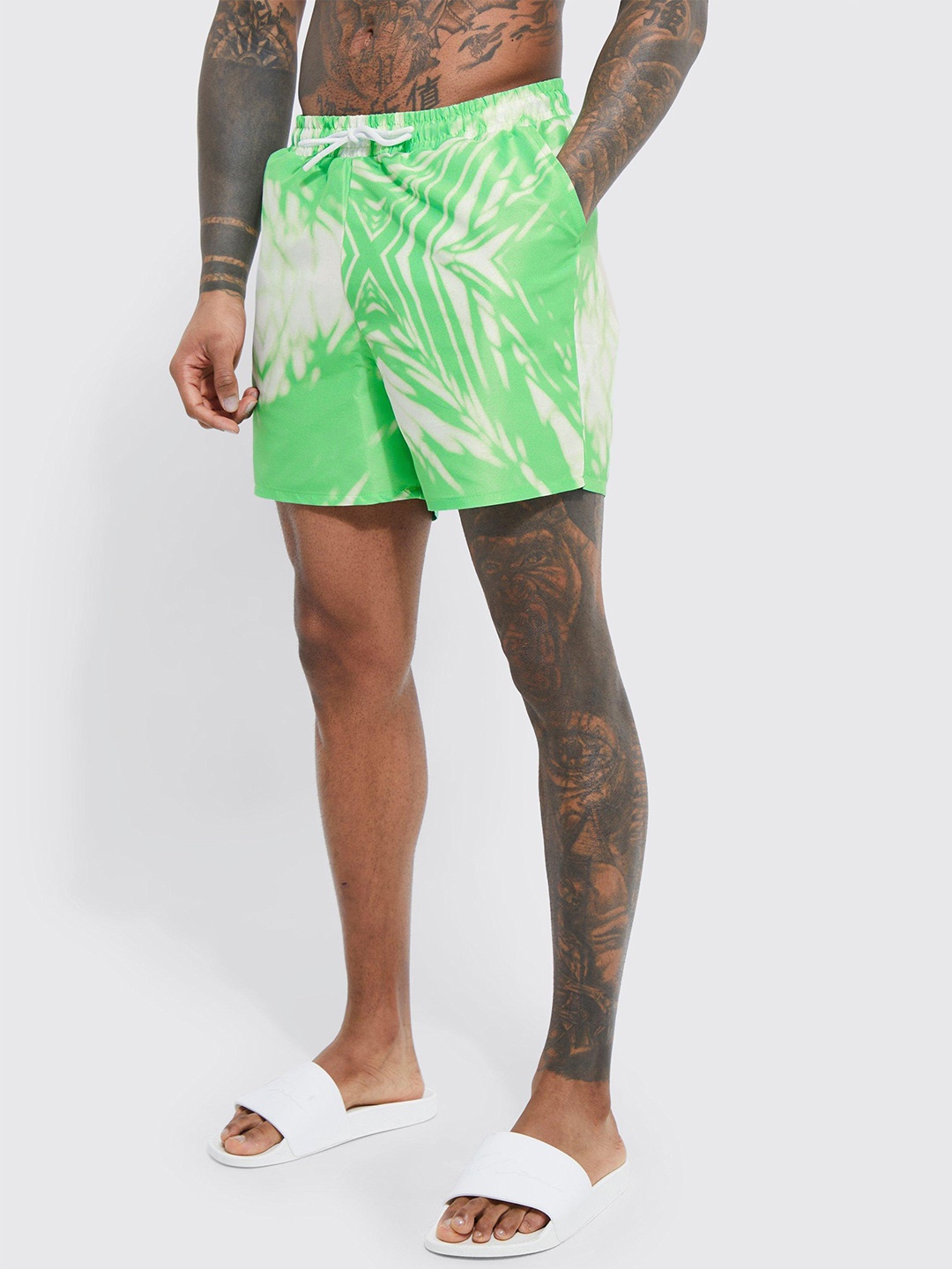 

boohooMAN Tropical Printed Swim Shorts, Green