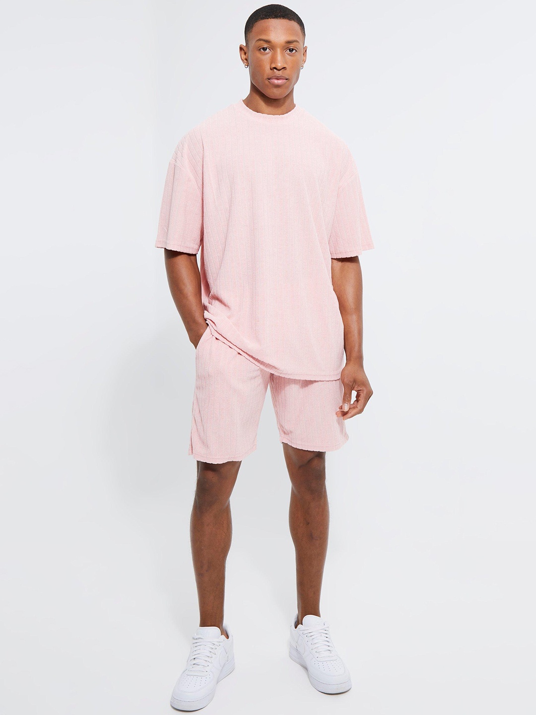 

boohooMAN Oversized Self-Striped Towelling Co-Ords, Pink