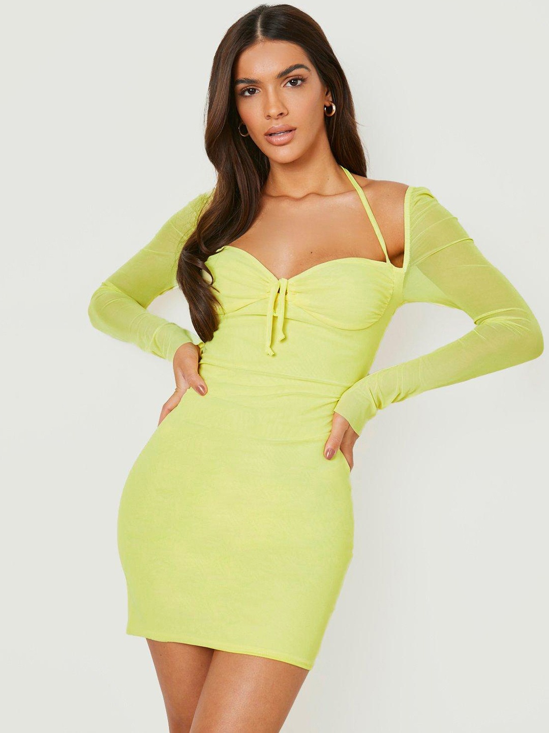 

Boohoo Mesh Halter Neck Bodycon Mini Dress, Lime green