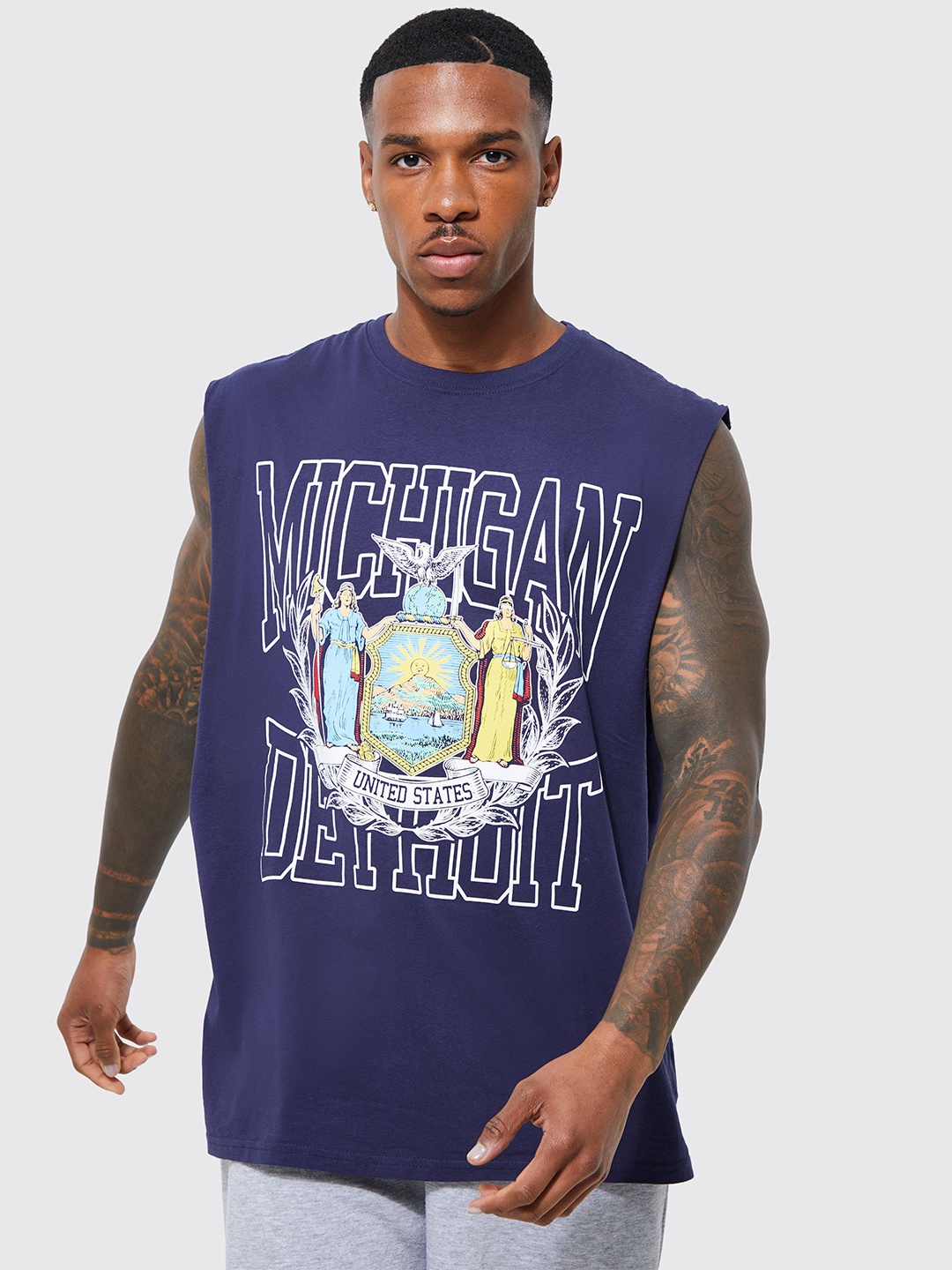 

boohooMAN Printed Pure Cotton Oversized T-shirt, Navy blue