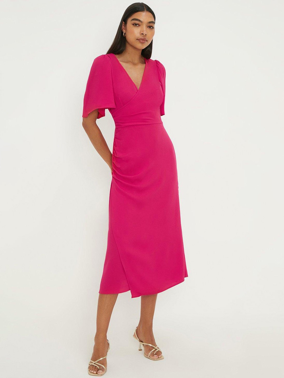 

DOROTHY PERKINS Ruched Wrap Midi Dress, Magenta