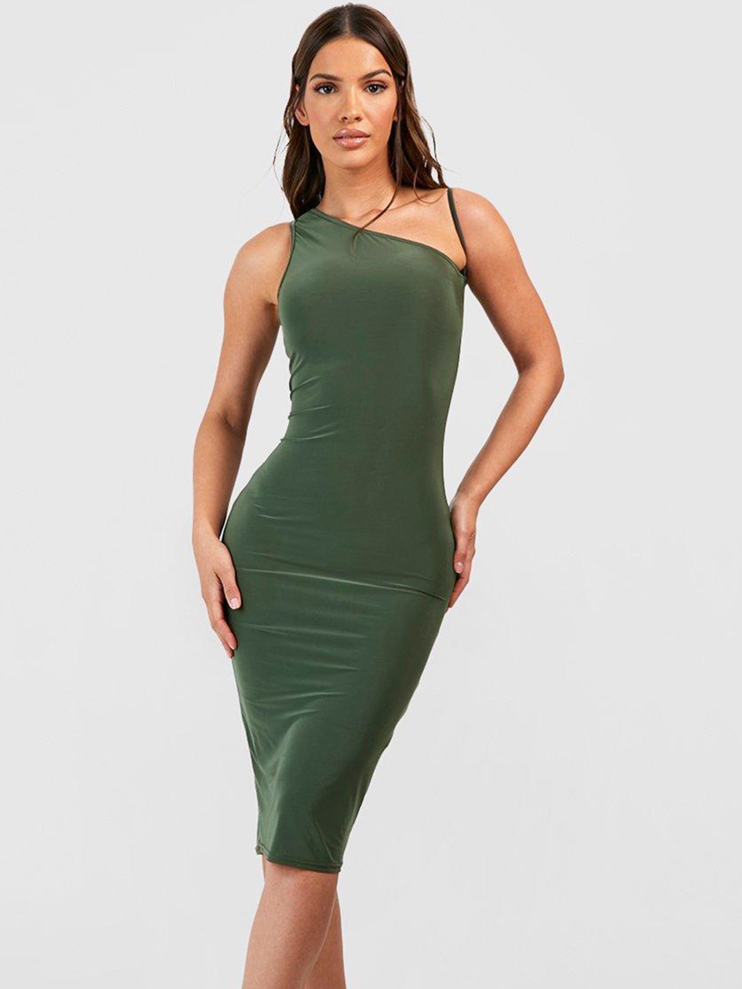 

Boohoo Asymmetric Neck Bodycon Dress, Olive