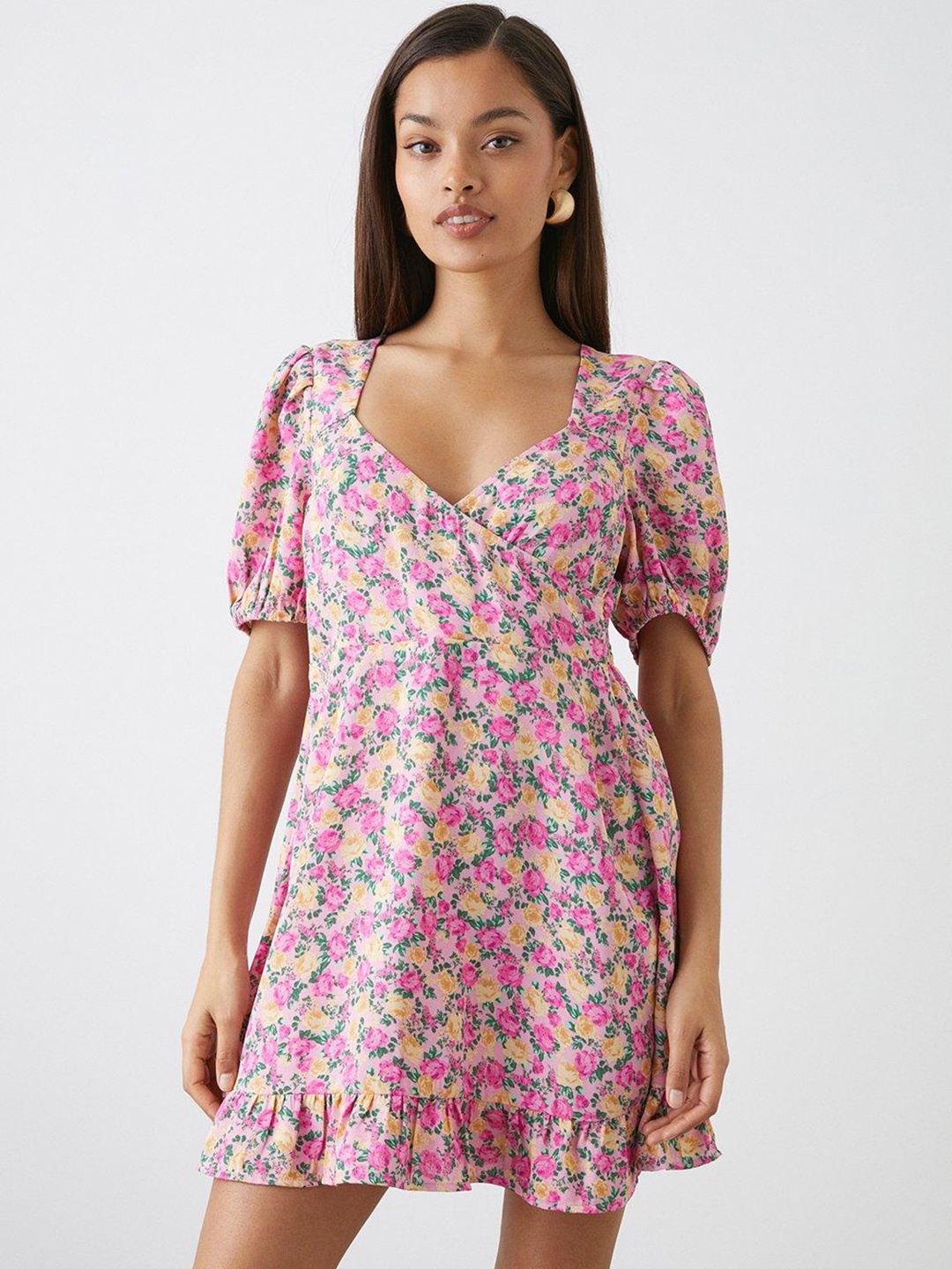 

DOROTHY PERKINS Petite Floral Print Puff Sleeves Wrap Style Mini Dress, Pink
