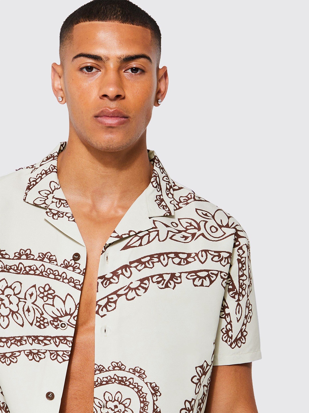 

boohooMAN Printed Shirt & Swim Short Set, Beige