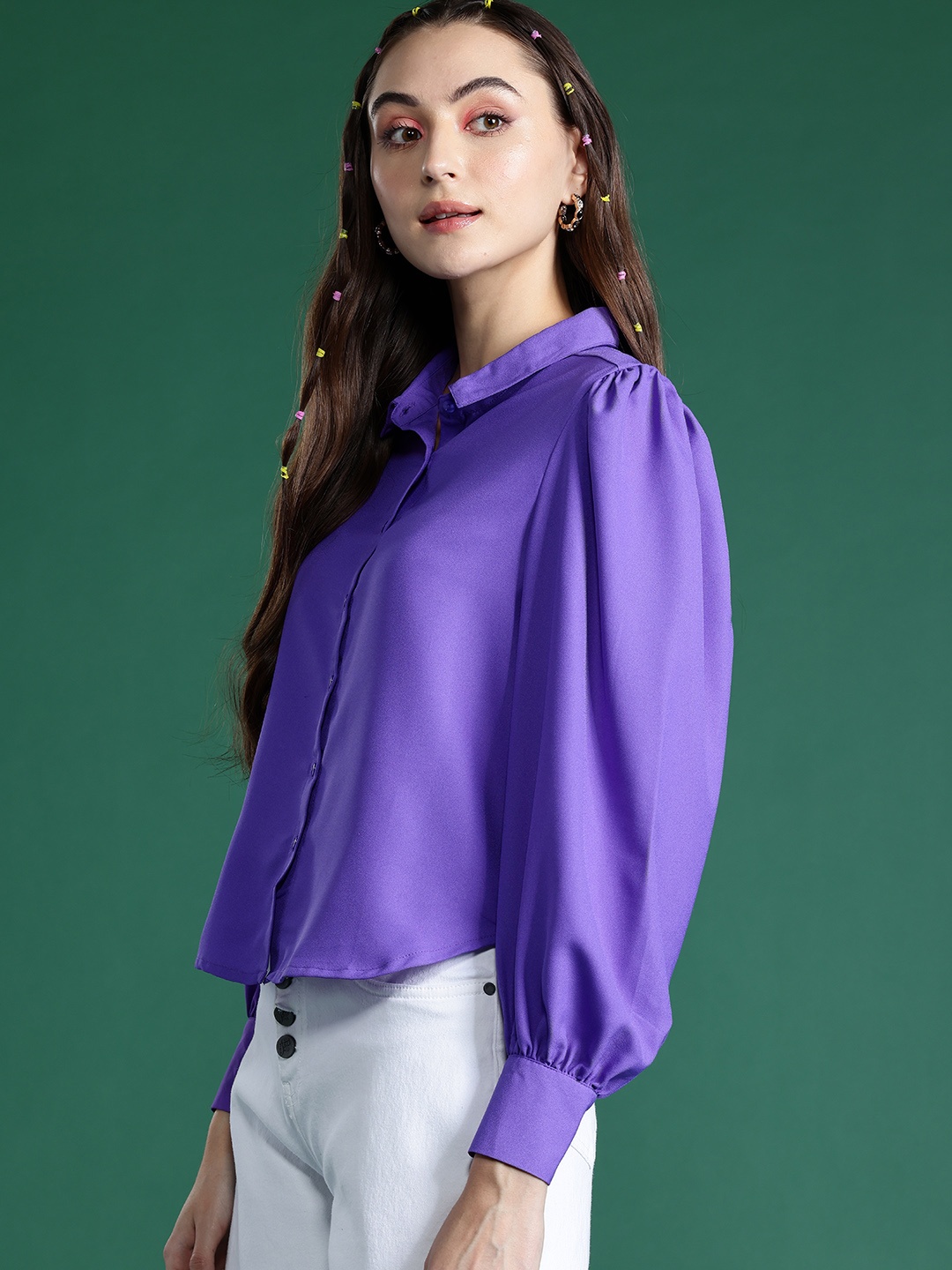 

DressBerry Puff Sleeves Casual Shirt, Purple