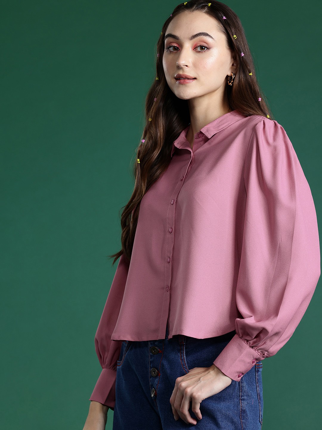 

DressBerry Puff Sleeves Casual Shirt, Rose