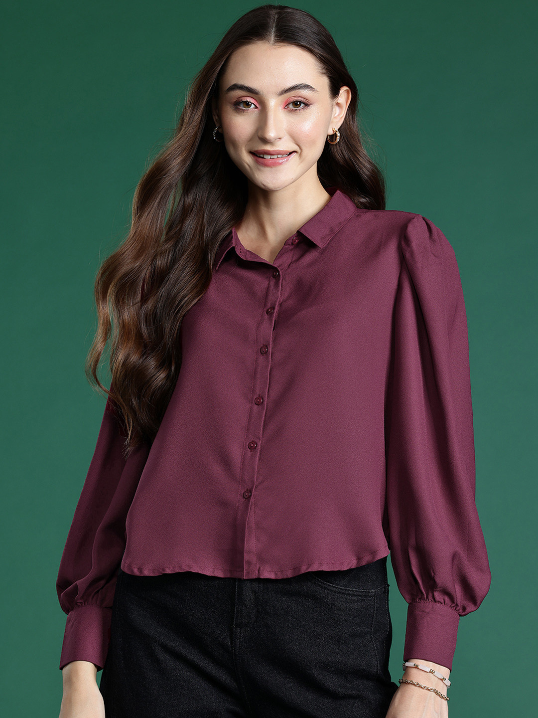 

DressBerry Puff Sleeves Casual Shirt, Maroon
