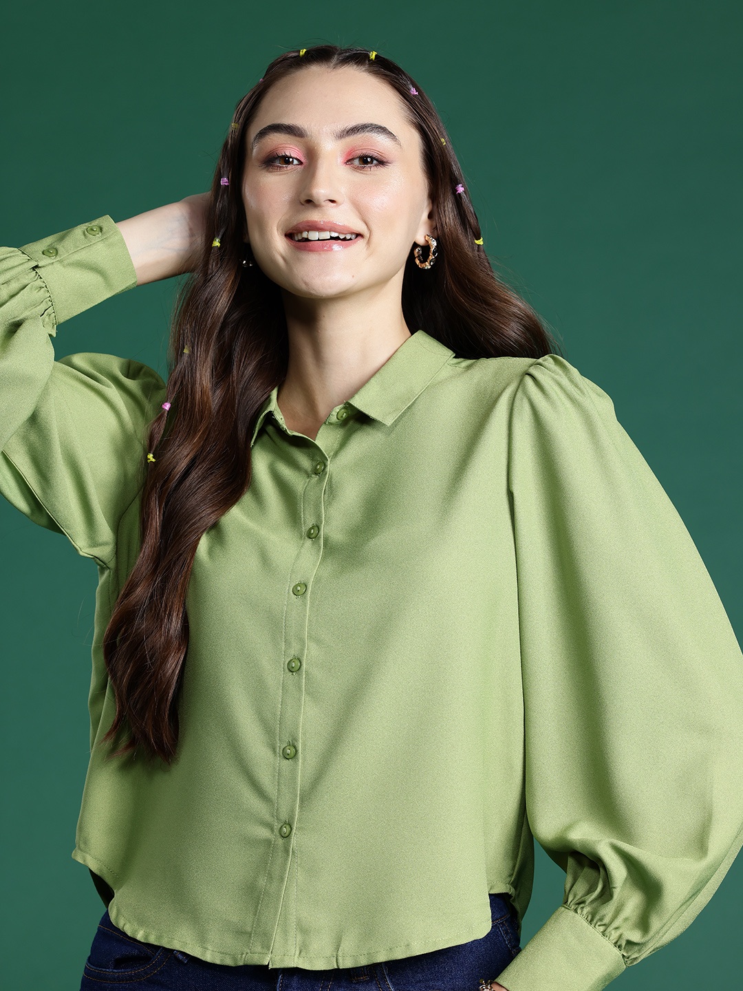 

DressBerry Puff Sleeves Casual Shirt, Green