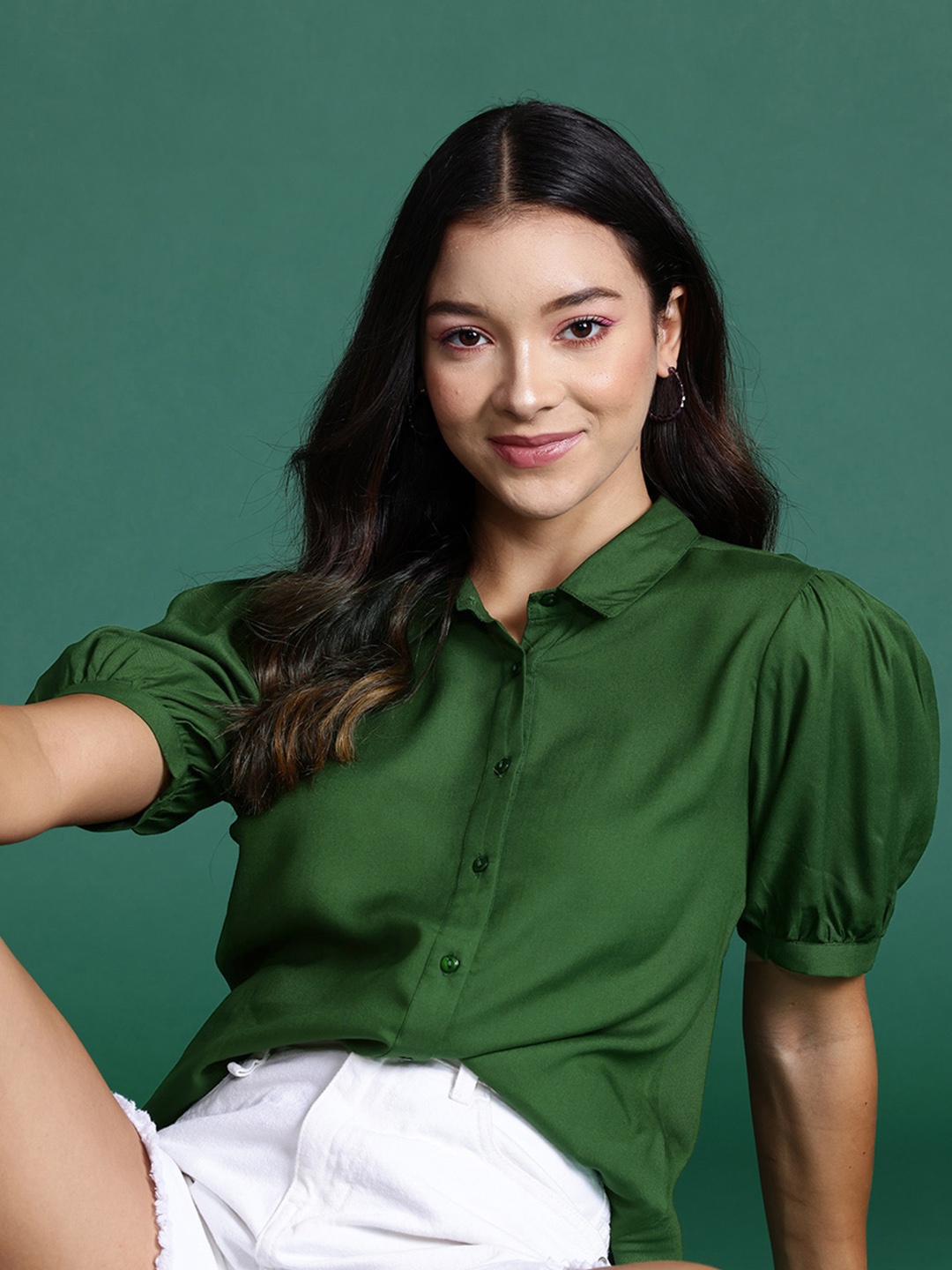 

DressBerry Puff Sleeves Casual Shirt, Green