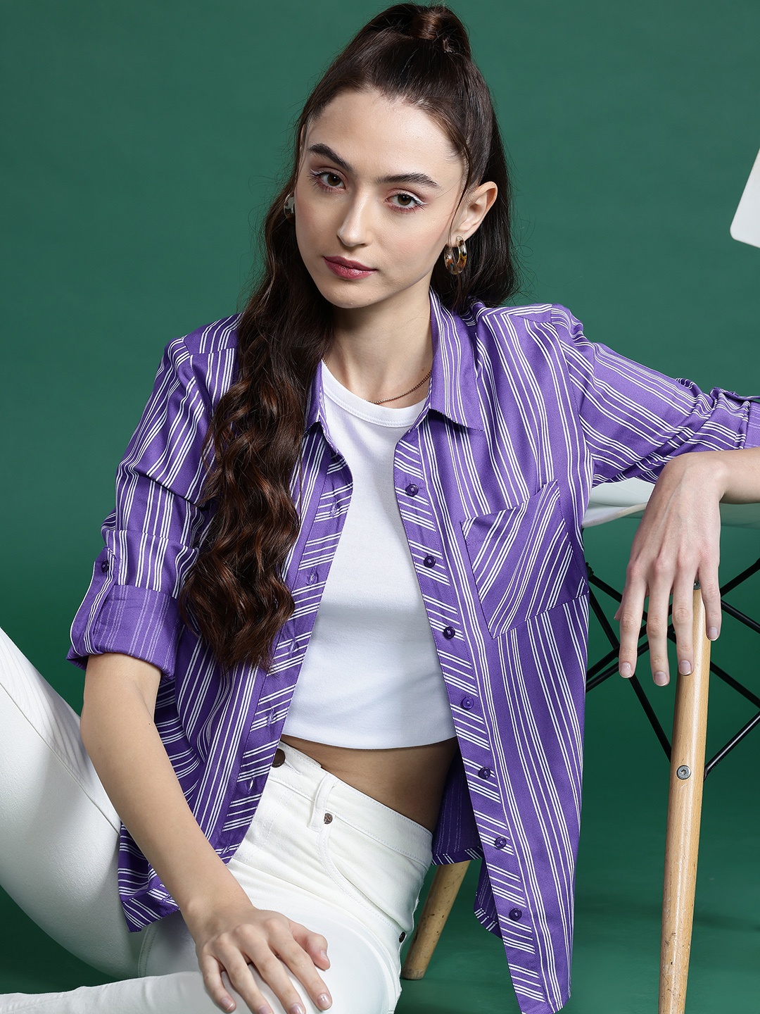 

DressBerry Striped Roll-Up Sleeves Casual Shirt, Lavender