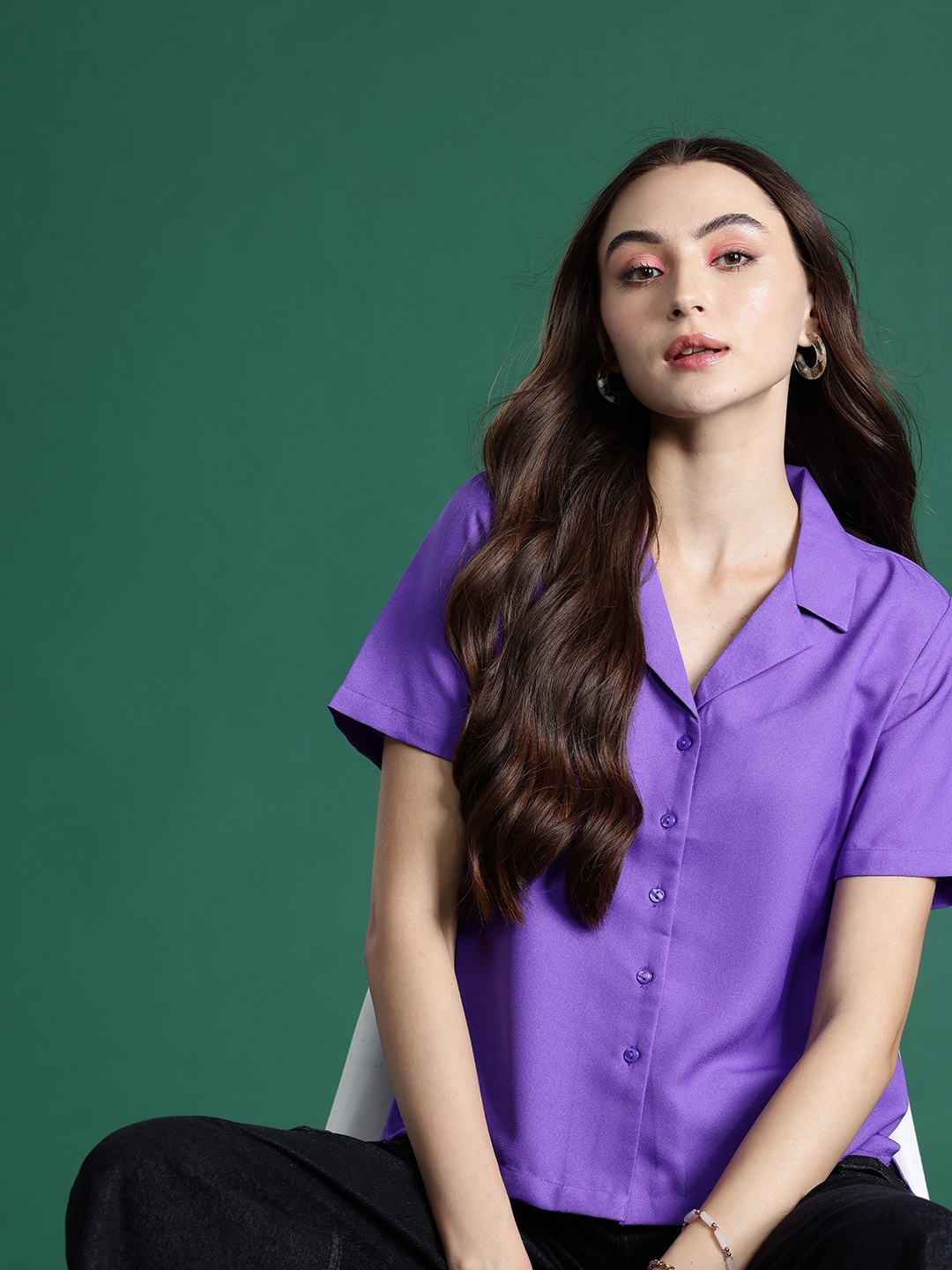 

DressBerry Satin Finish Shirt Style Top, Purple
