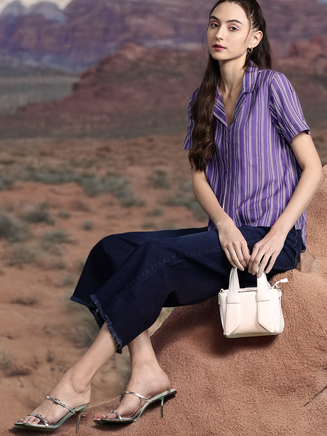 

DressBerry Striped Cuban Collar Casual Shirt, Lavender
