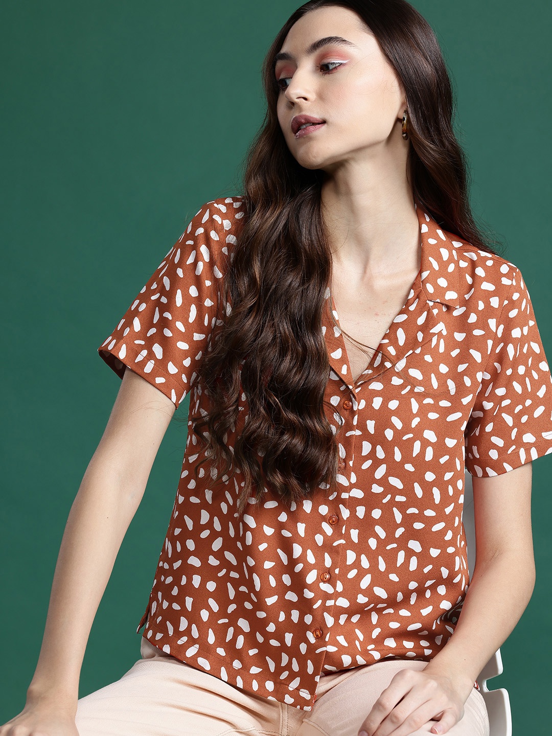 

DressBerry Abstract Printed Cuban Collar Casual Shirt, Rust