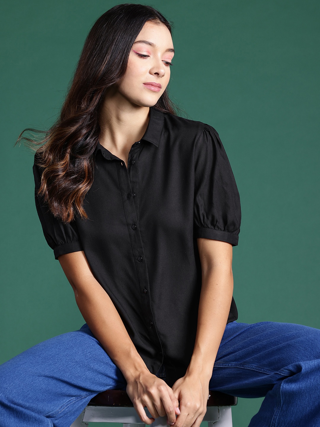 DressBerry Puff Sleeves Casual Shirt, Black