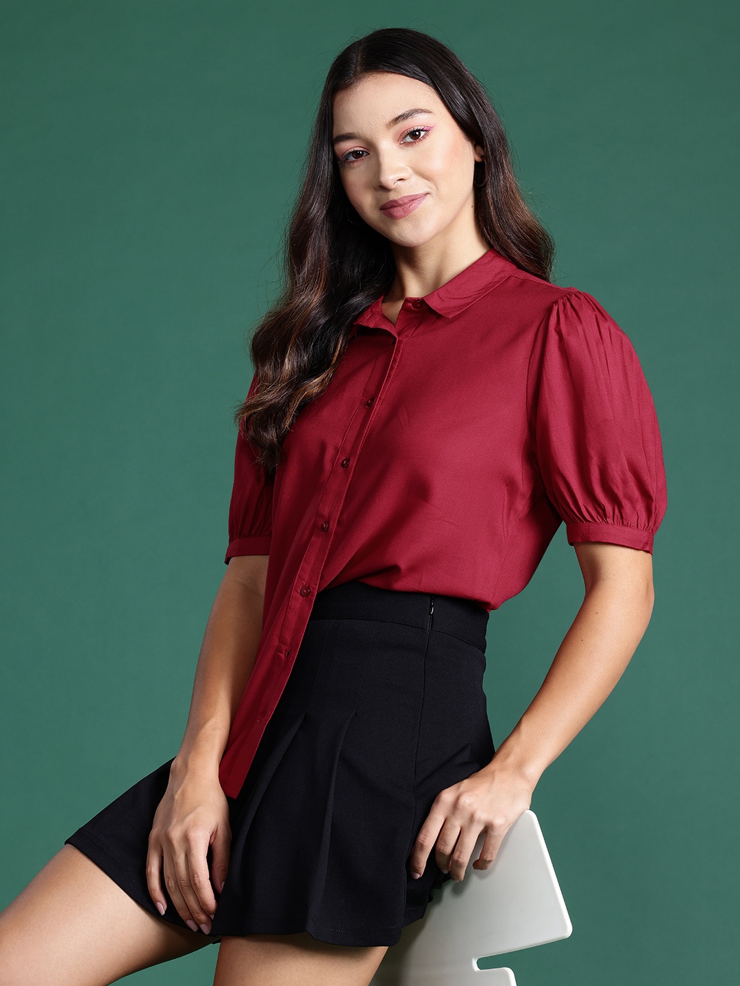

DressBerry Puff Sleeves Casual Shirt, Maroon