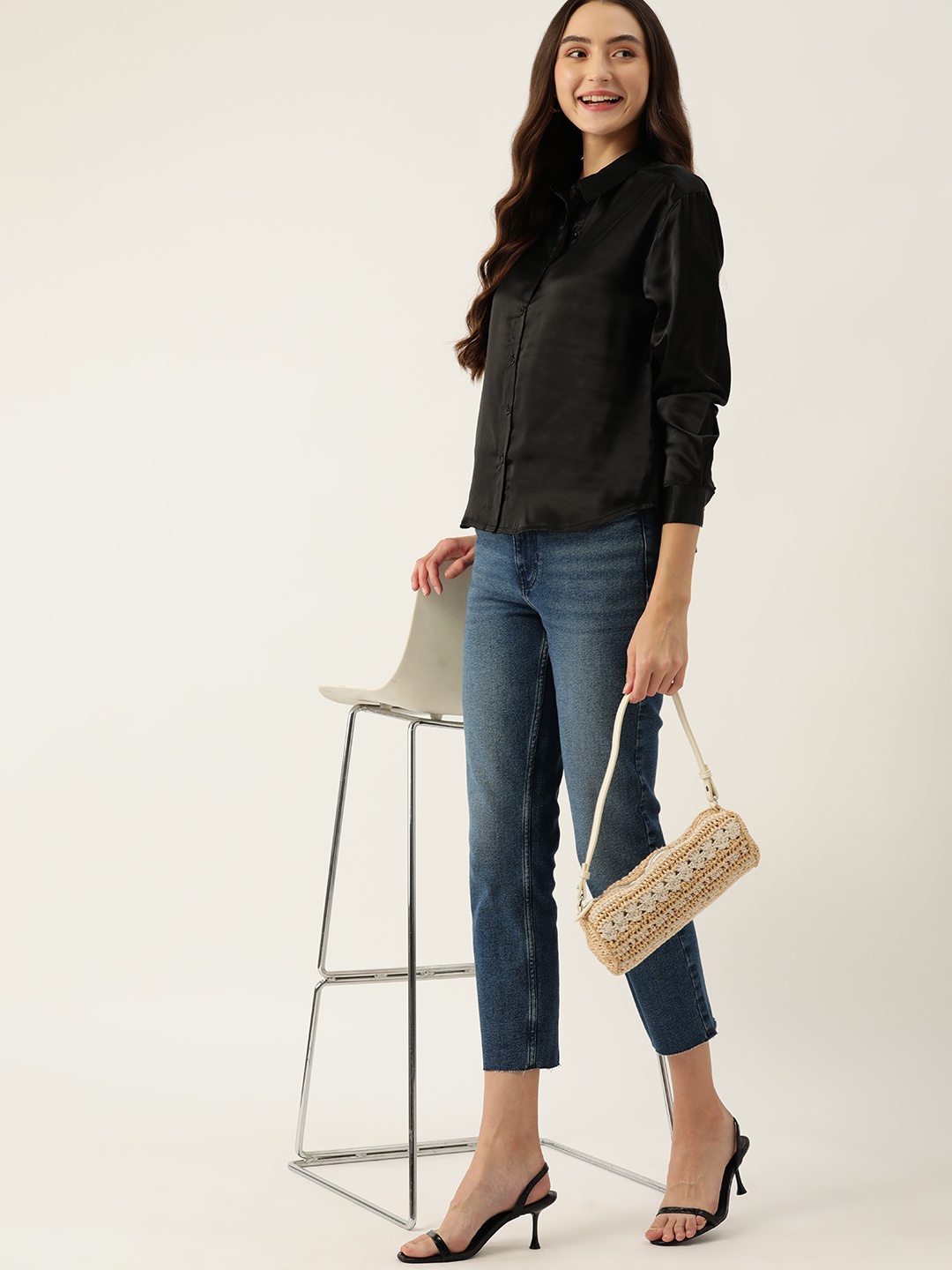 

DressBerry Satin Finish Casual Shirt, Black