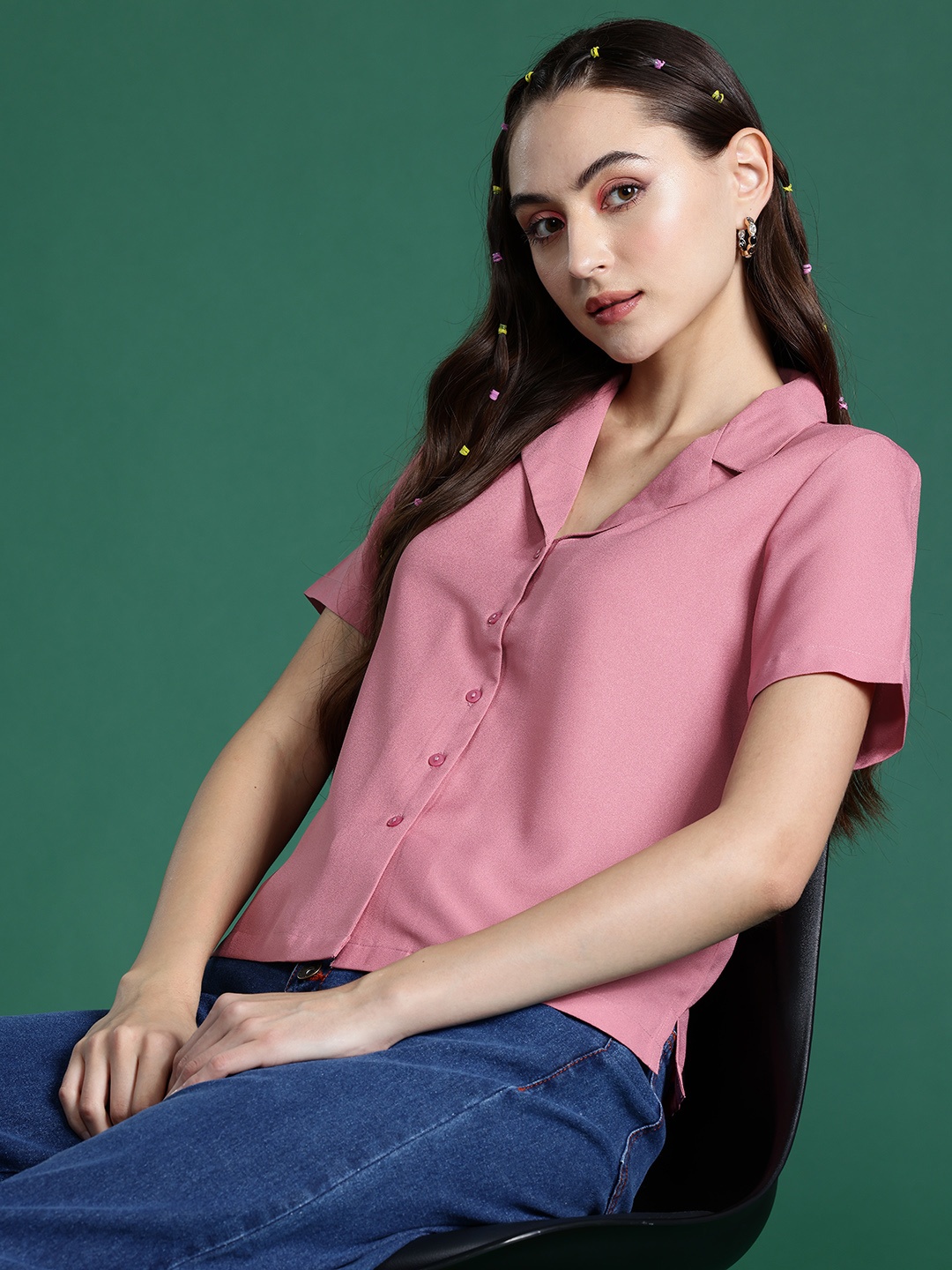 

DressBerry Cuban Collar Casual Shirt, Pink