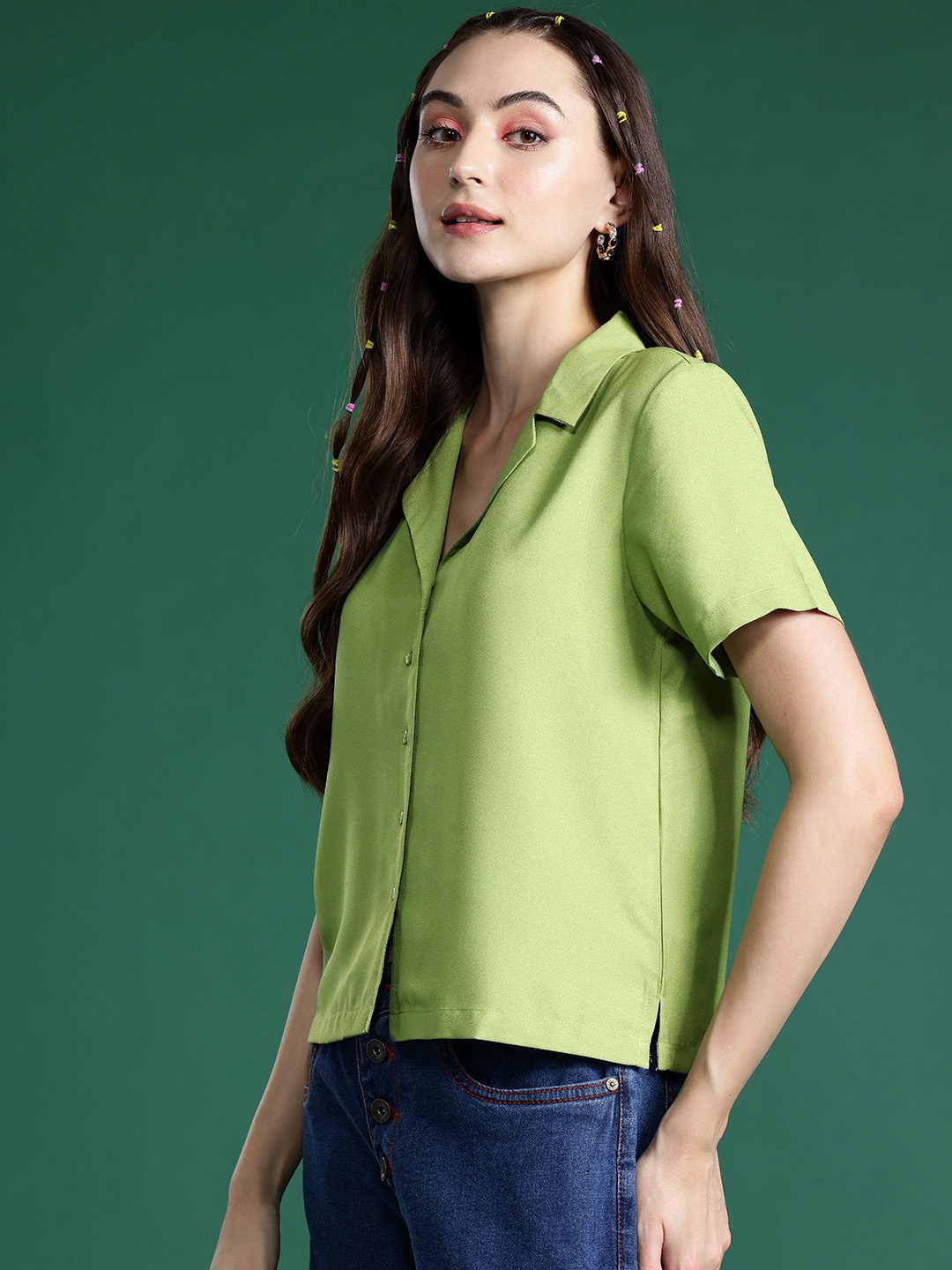 

DressBerry Cuban Collar Casual Shirt, Green