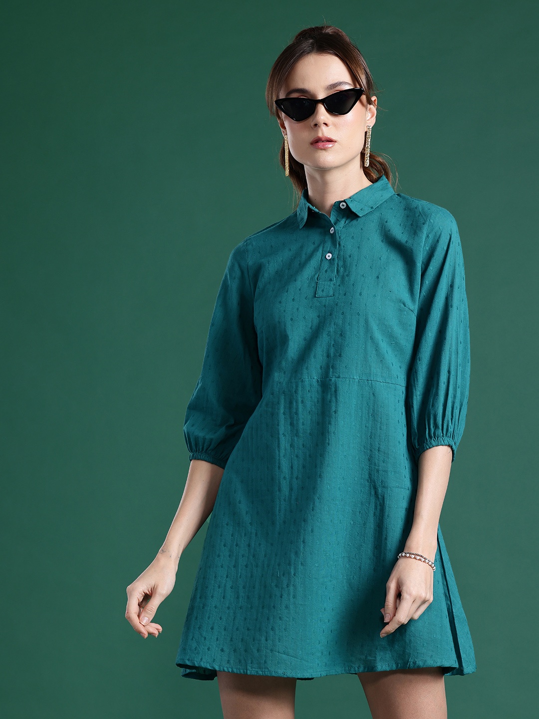 

DressBerry Self-Design Puff Sleeve Pure Cotton Shirt Dress, Teal