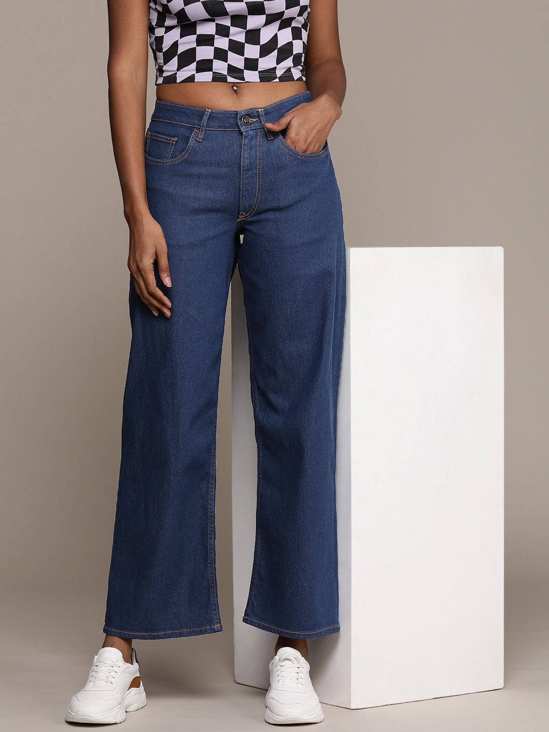 

The Roadster Life Co. Women Wide Leg High-Rise Stretchable Jeans, Blue