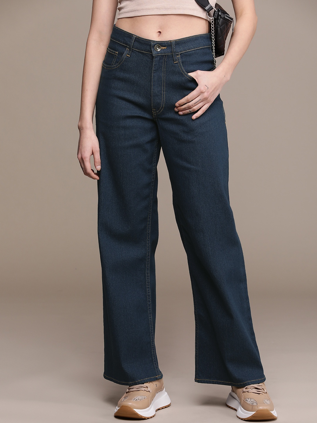 

The Roadster Life Co. Women Baggy Wide Leg High-Rise Stretchable Jeans, Blue