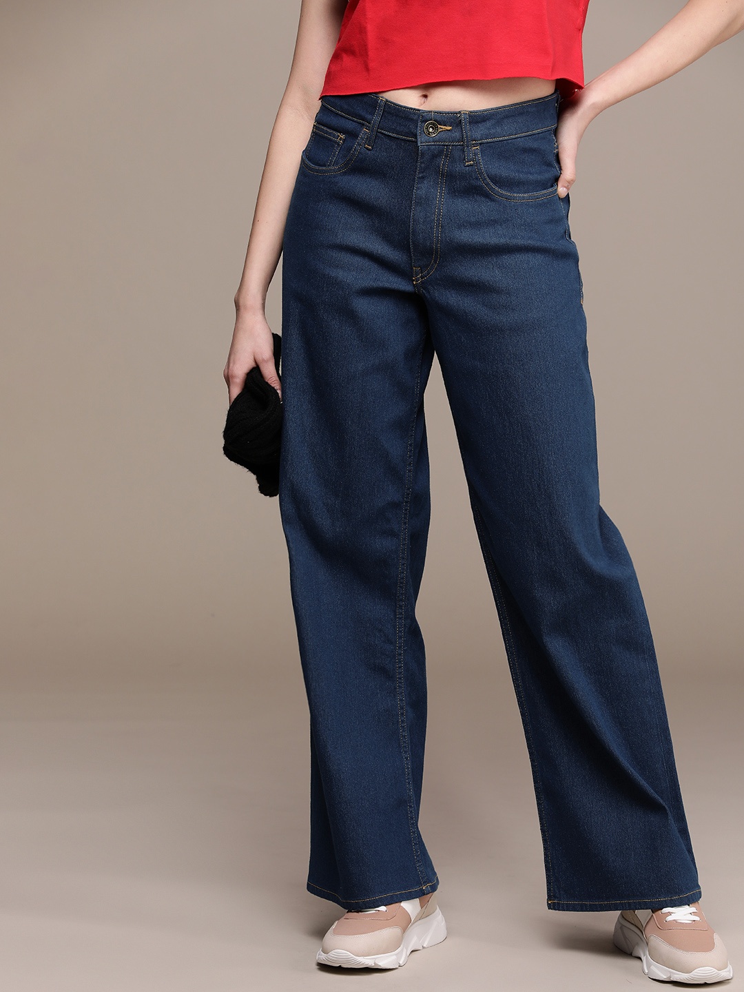

The Roadster Life Co. Women Baggy Wide Leg High-Rise Stretchable Jeans, Blue
