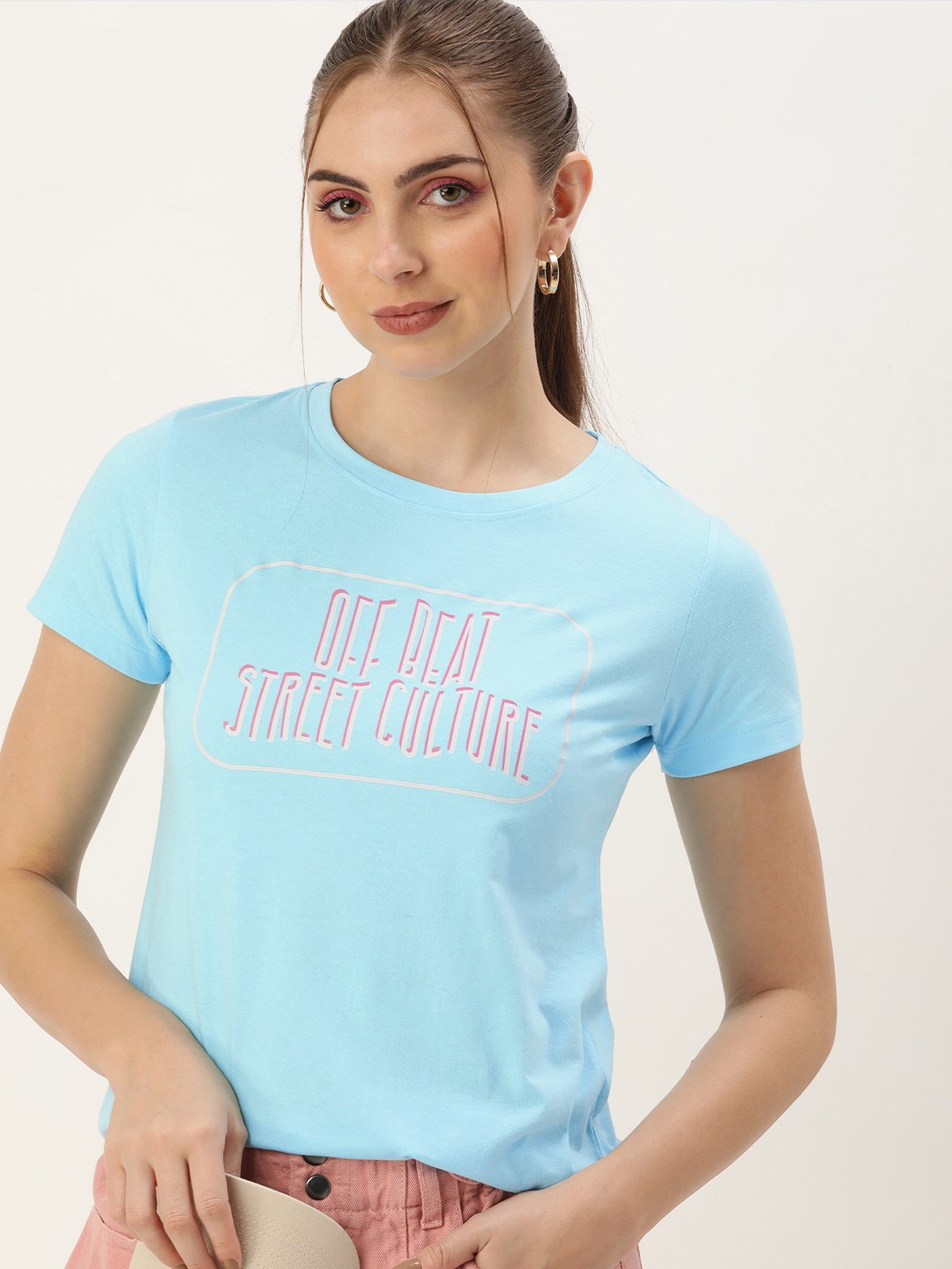 

Kook N Keech Women Typography Printed Pure Cotton T-shirt, Turquoise blue