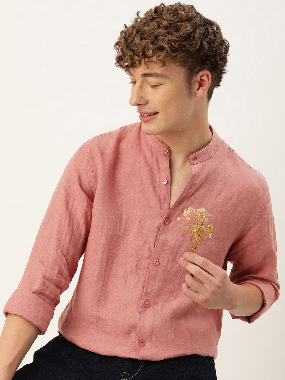 

Mast & Harbour Pure Linen Band Collar Casual Shirt, Rust