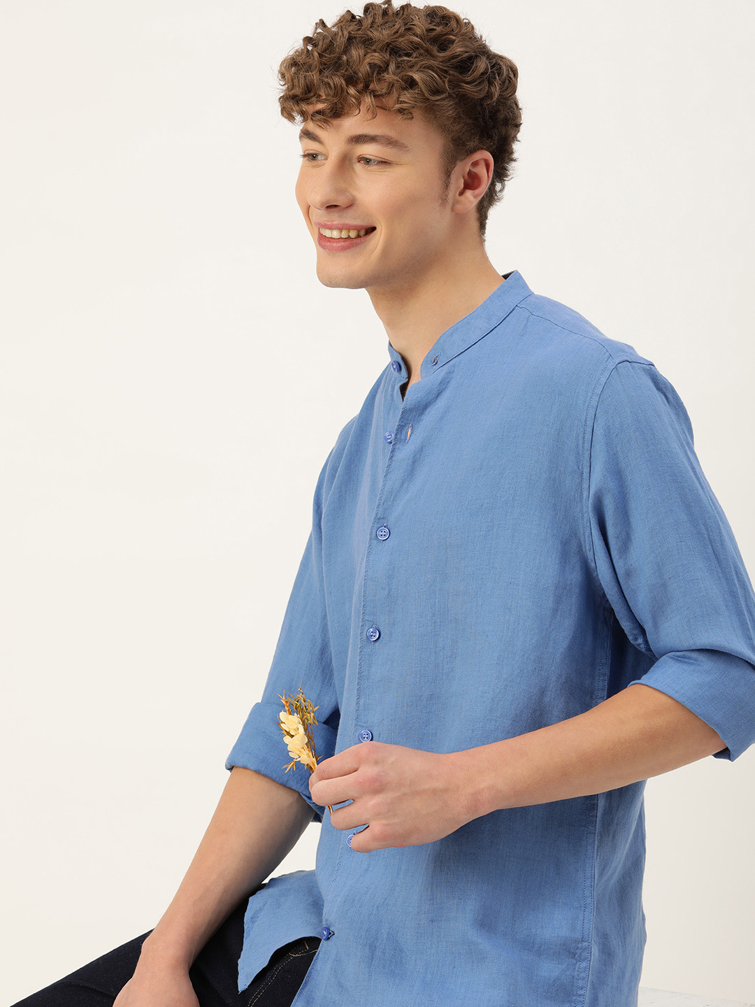 

Mast & Harbour Pure Linen Band Collar Casual Shirt, Blue