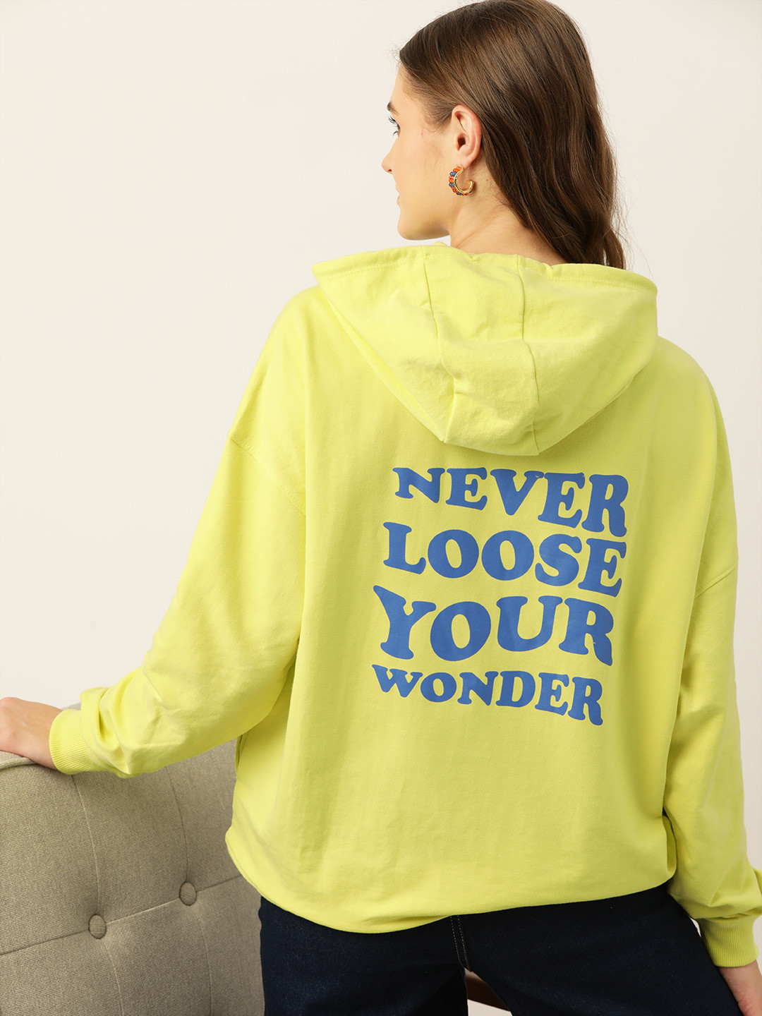 

Mast & Harbour Women Back Printed Hooded Sweatshirt, Fluorescent green