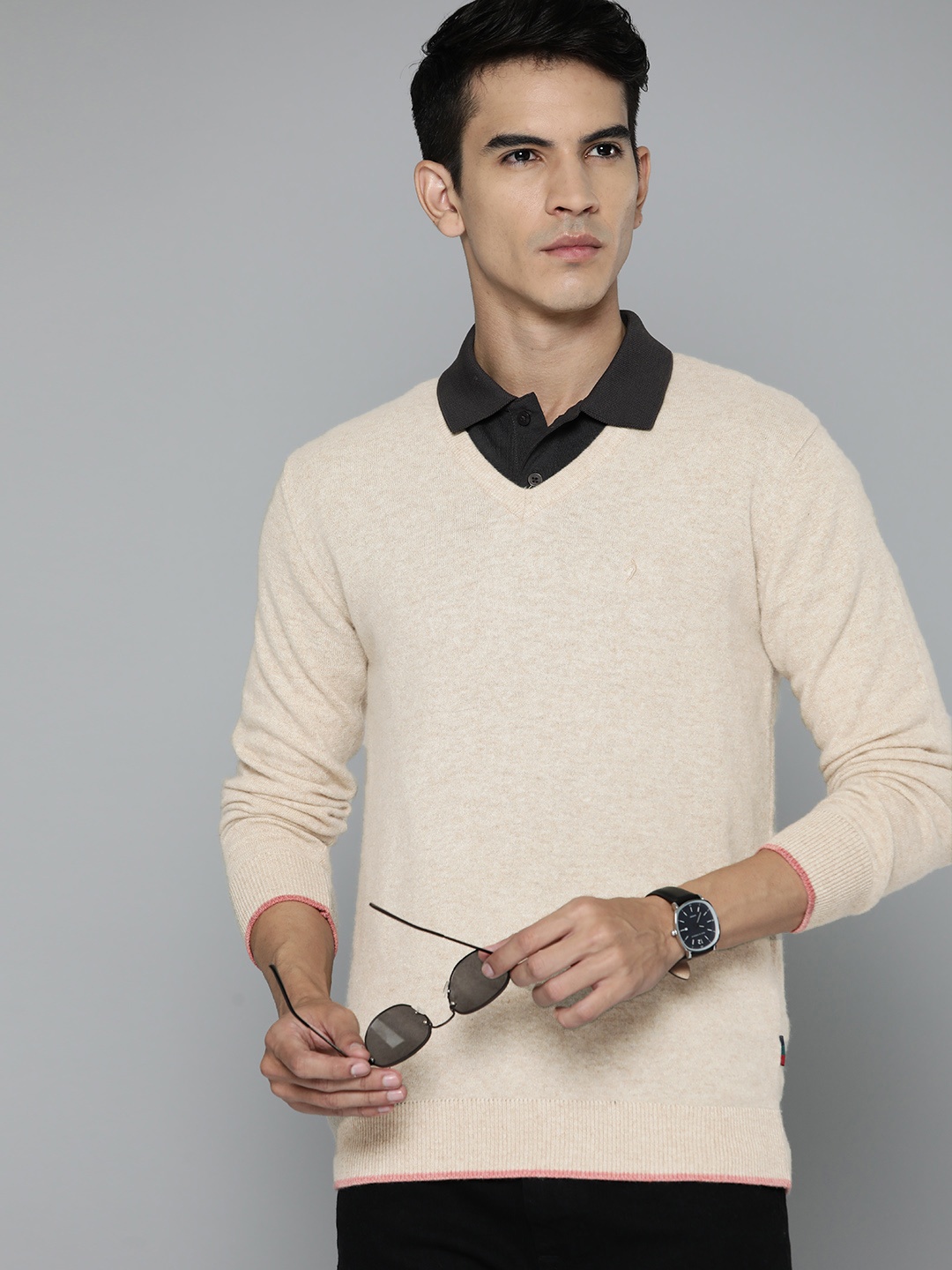 

Indian Terrain Solid V-Neck Pullover, Beige