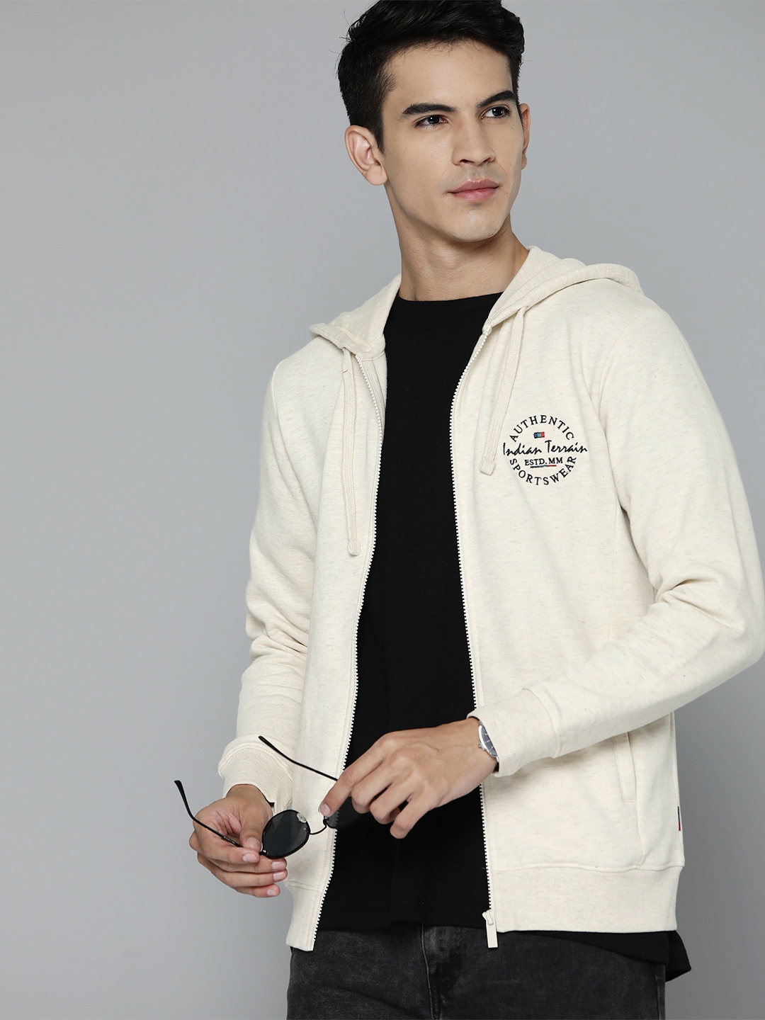 

Indian Terrain Brand Logo Embroidered Hooded Sweatshirt, Off white
