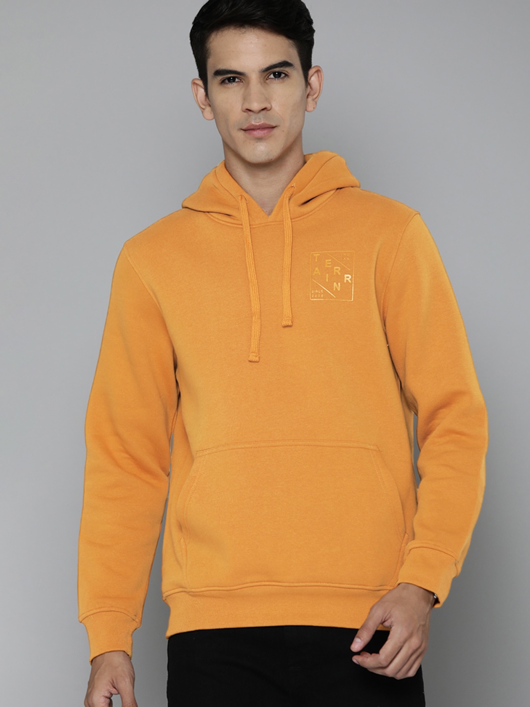 

Indian Terrain Men Solid Hooded Sweatshirt, Orange
