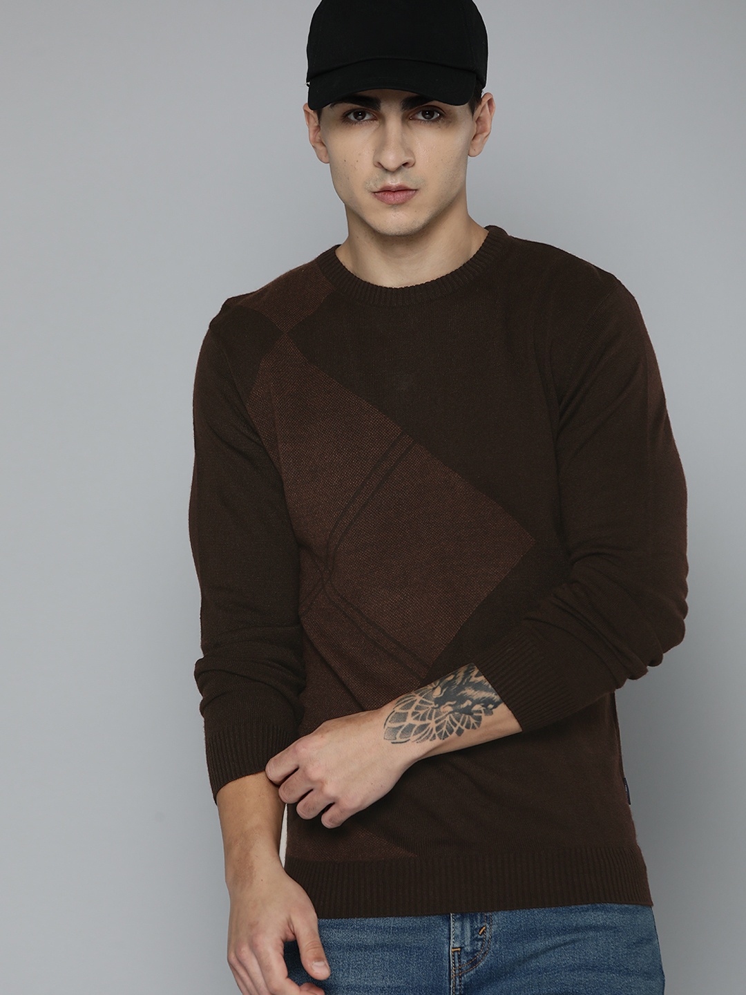 

Indian Terrain Pure Acrylic Colourblocked Pullover, Brown