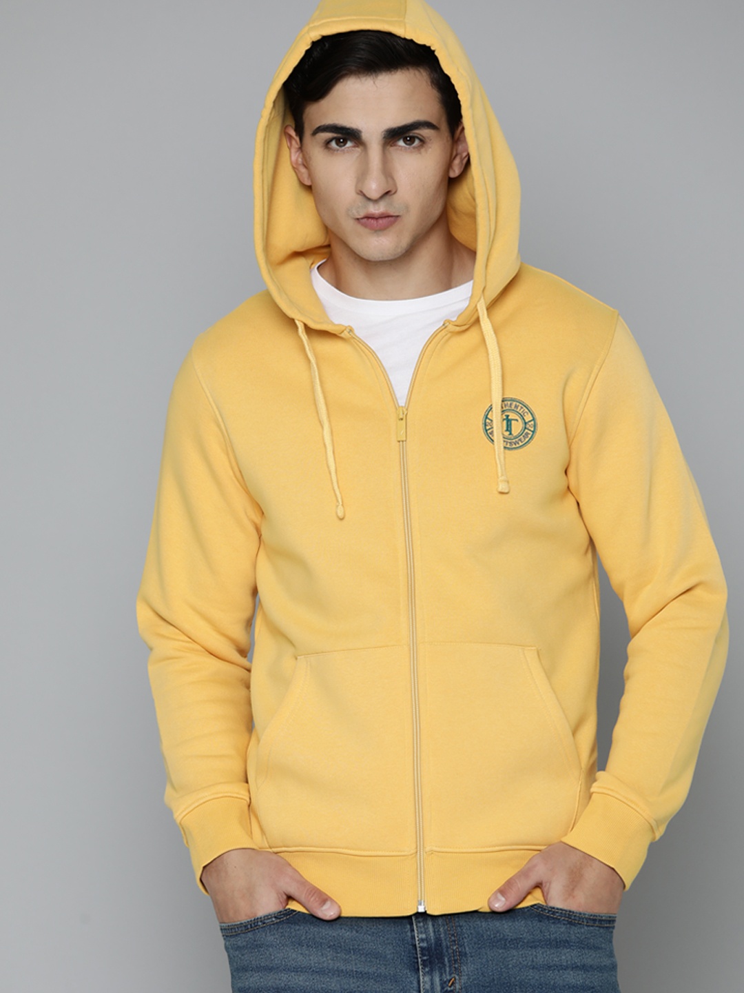 

Indian Terrain Men Solid Hooded Sweatshirt, Yellow