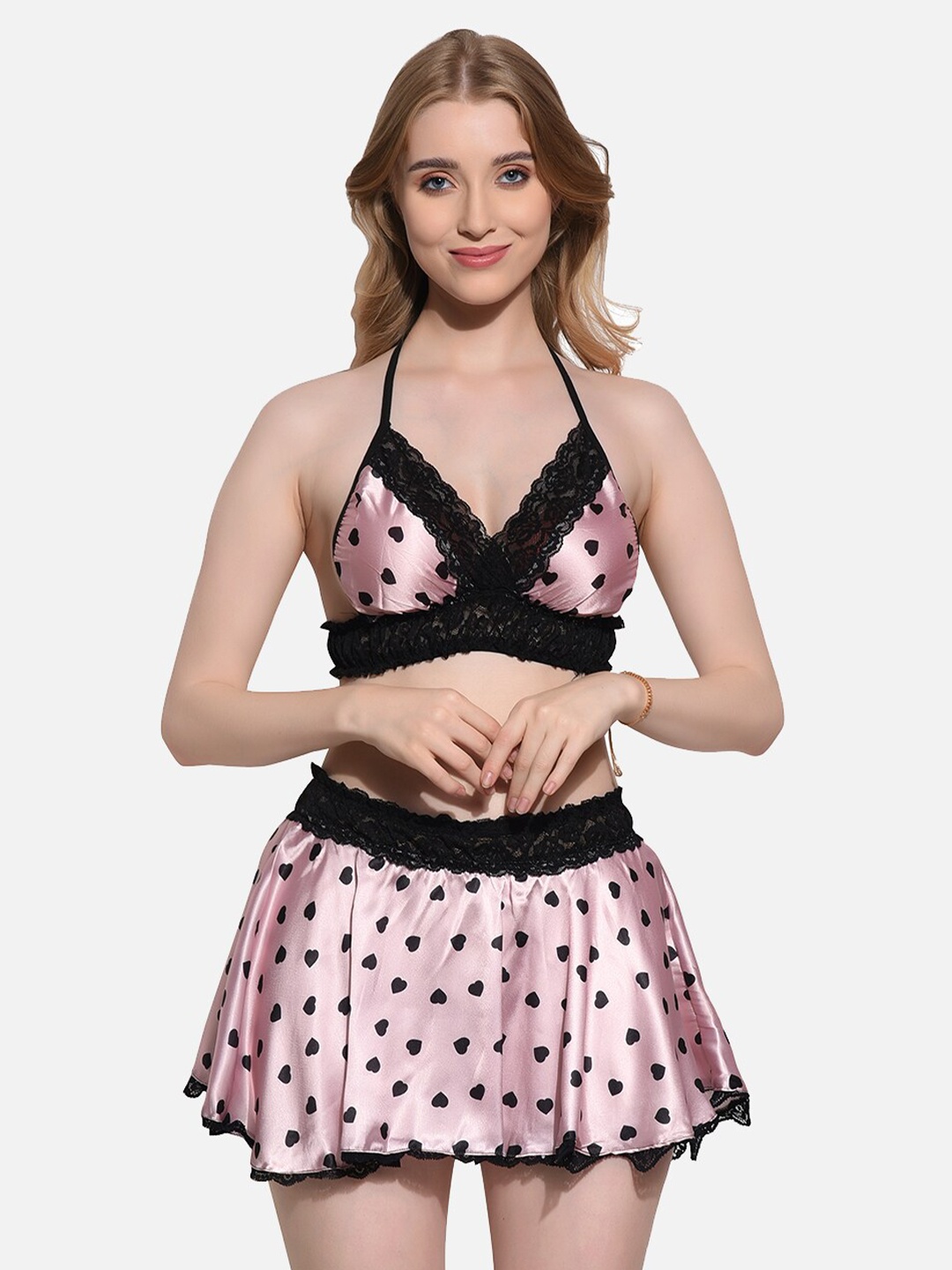 

FIMS Halter Neck Satin Baby Doll, Pink