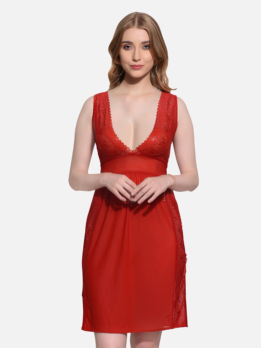 

FIMS Self Design V-Neck Net Baby Doll, Red