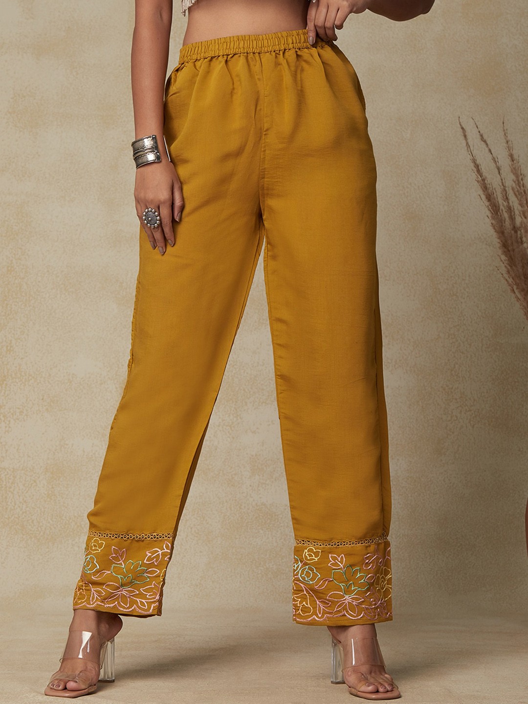 

FASHOR Women Mustard Yellow Comfort Straight Fit Trousers