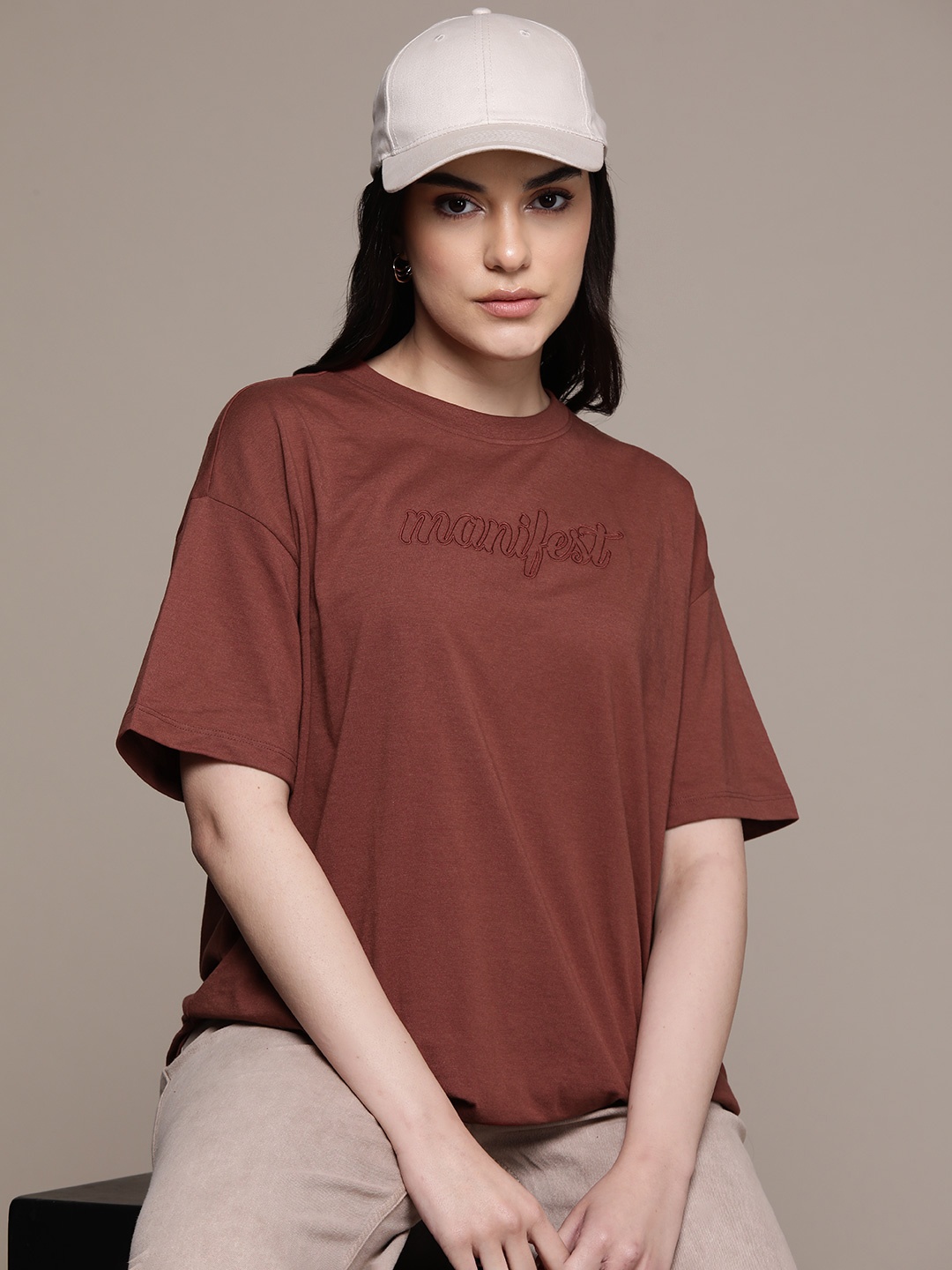

The Roadster Lifestyle Co. Typography Embroidered Oversized T-shirt, Brown
