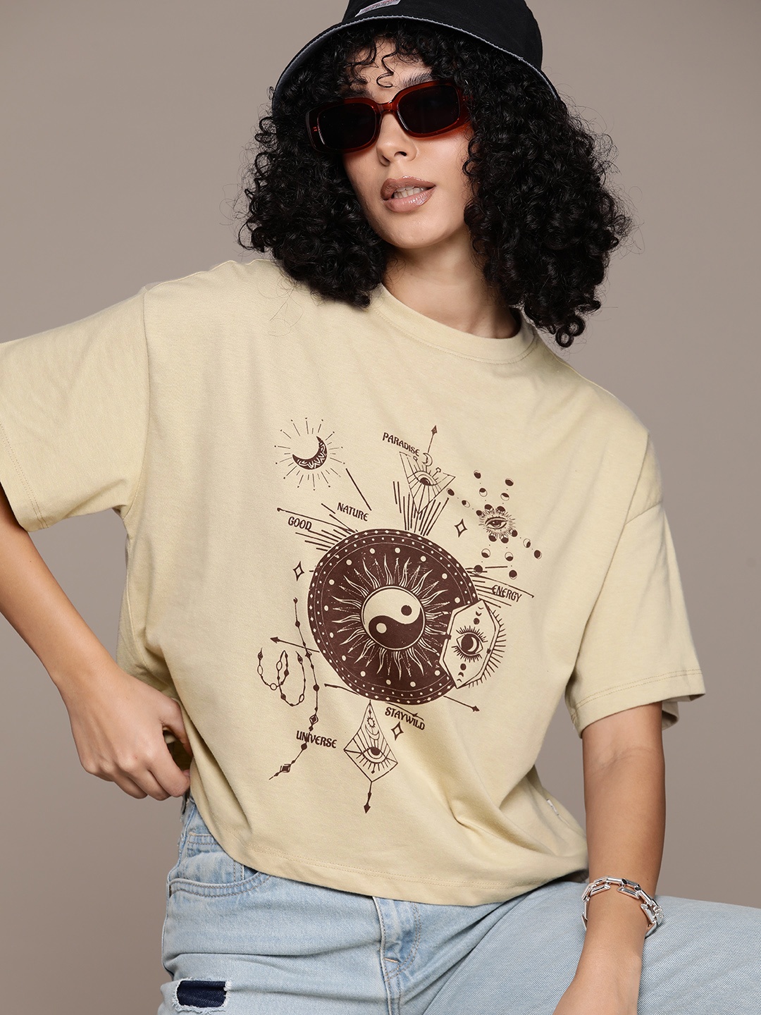 

The Roadster Lifestyle Co. Printed Drop-Shoulder Sleeves T-shirt, Beige