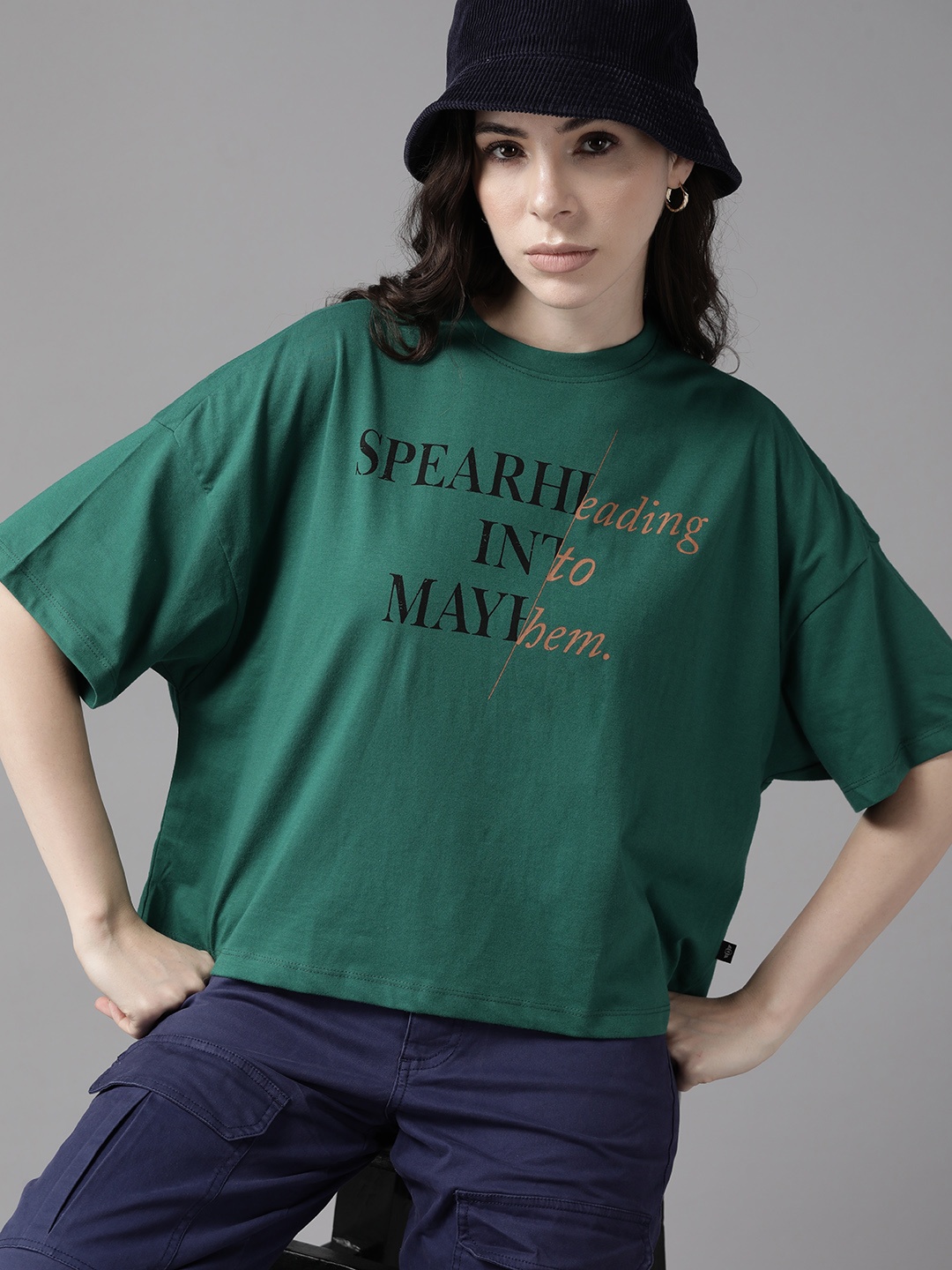 The Roadster Lifestyle Co. Printed Drop-Shoulder Sleeves Boxy T-shirt, Green