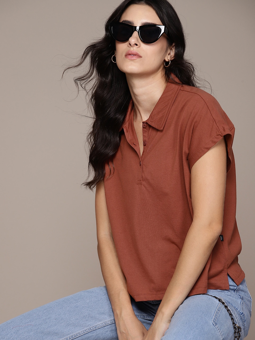 

The Roadster Lifestyle Co. Extended Sleeves Polo Collar T-shirt, Rust