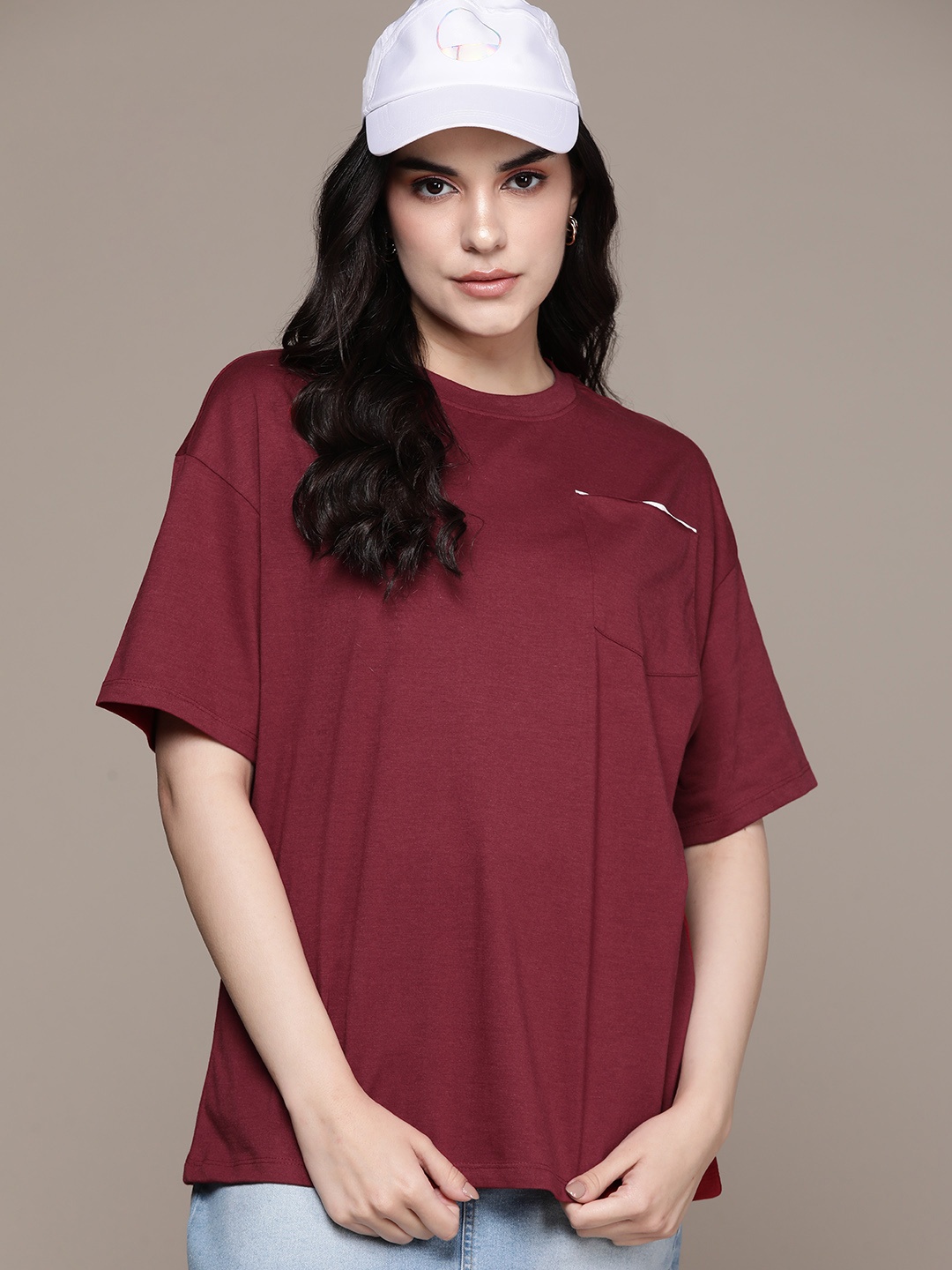 

The Roadster Lifestyle Co. Drop-Shoulder Sleeves Pocket Oversized T-shirt, Maroon